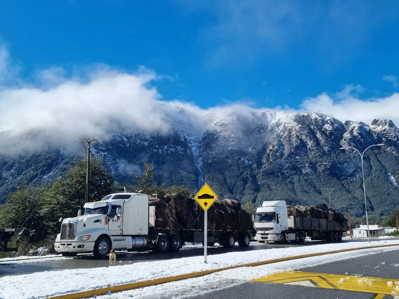 Camiones de carga en una carretera frente a montañas nevadas, fotografía real de TCH
