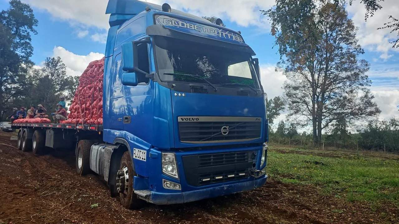 Camión azul con carga en un entorno arbolado, fotografía real de Transportes Hurtado
